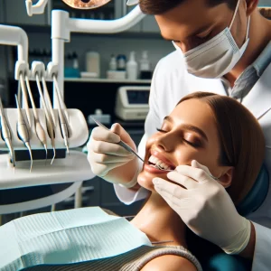 Dentist applying composite resin veneer on a patient's tooth in a Denver dental office