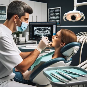 Dentist assessing a patient's teeth and planning for dental veneers in a Denver dental office.