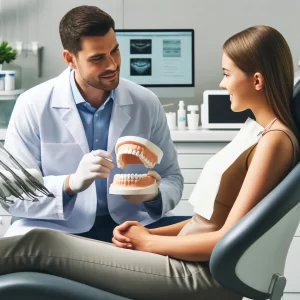 Dentist explaining porcelain veneers to a patient in a Denver dental office