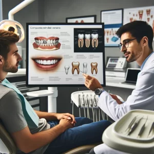 Dentist explaining composite resin dental veneers to a patient in a Denver dental office.