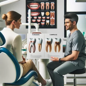 Dentist comparing porcelain and composite dental veneers to a patient in a Denver dental office.