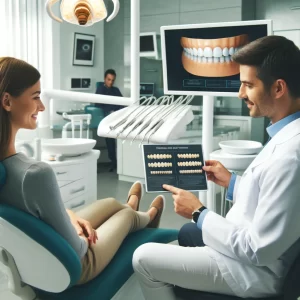 Dentist discussing the number of dental veneers needed with a patient in a Denver dental office