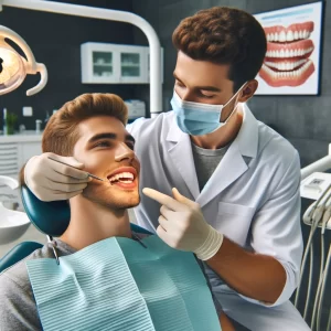 Dentist explaining typical dental issues before applying veneers to a patient in a Denver dental office.