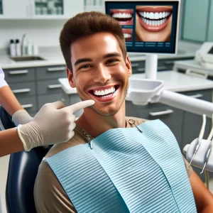Dentist showcasing the visual results of dental veneers on a smiling patient in a Denver dental office.