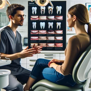 Dentist explaining types of veneer materials to a patient in a Denver dental office